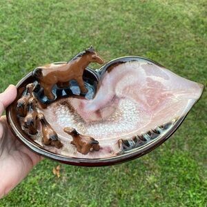 Vintage Ashtray Trinket‎ Horse with Foal Ceramic Collector Item EUC a Rare Item!